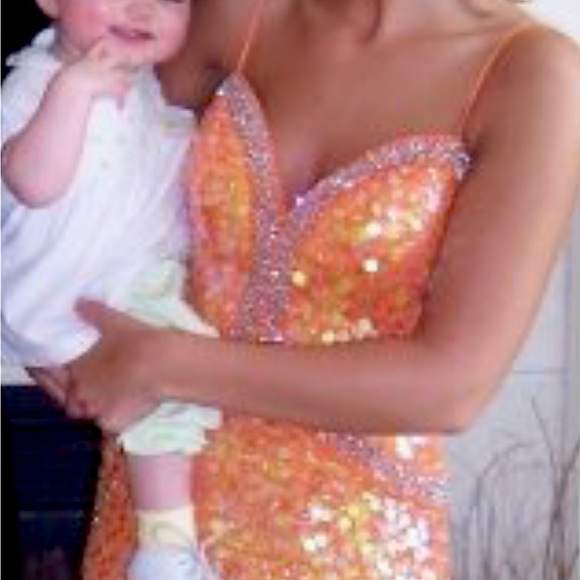 Beautiful beaded, coral prom, dress, fitted at waist, spaghetti straps. - Picture 4 of 9